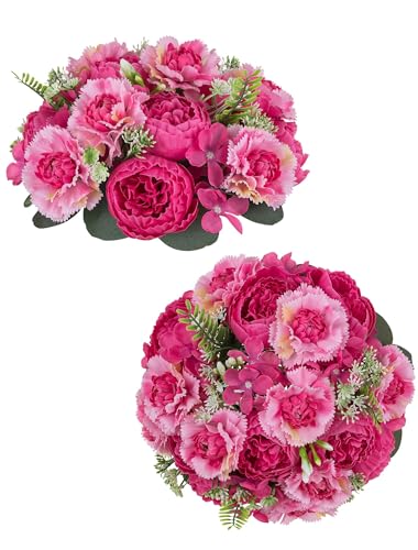BLOSMON Peony Artificial Flowers Ball: 2pc 9.5 Inch Hot Pink Floral Arrangement for Centerpieces - Easy to Use Wedding Dinning Table Decoration - Fake Silk Peony Kissing Ball Home Party Decor