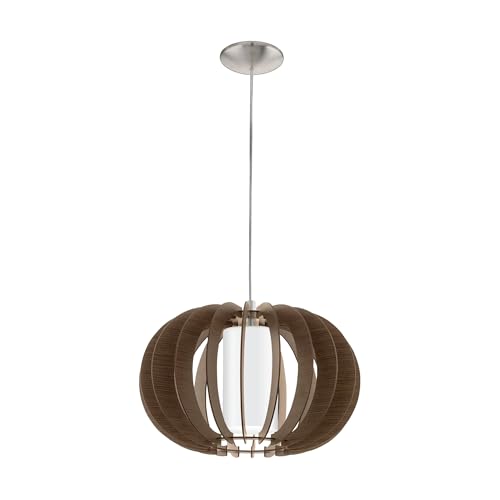 Eglo Pendant Light Stellato 3, 1-Light Hanging lamp Vintage, Steel, Wood, Glass in Matte Nickel, Brown, White, Dining and Living Room lamp with E27 Socket, Ø 40 cm