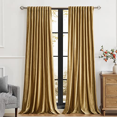 Gold Velvet Curtains 120 inch Long for Living Room,Luxury 2 Panels Room Darkening Rod Pocket Back Tab Curtain Elegant Thermal Insulated Heavy Soft Soundproof Decorative Window Drapes for Bedroom