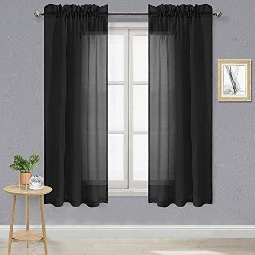 DWCN Black Sheer Curtains Semi Transparent Voile Rod Pocket Curtains for Bedroom and Living Room, 42 x 63 inches Long, Set of 2 Panels