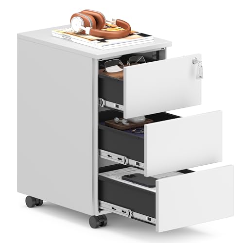 SONGMICS Mobile File Cabinet, Metal Filing Cabinet for Home Office, Rolling Printer Stand, with 3 Lockable Drawers, Pre-Assembled, for Office, 40 x 30 x 54 cm, Matte White OFC079W01