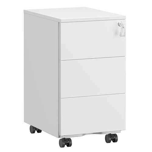 SONGMICS Pre-Assembled Mobile File Cabinet, Lockable, with 3 Drawers - Hold Documents, Stationery, 30 x 40 x 54 cm, for Office, Home Office, Matte White, BEREND Collection OFC079W01