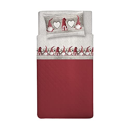 PENSIERI DELICATI Single Bed Sheet Set, 100% Warm and Soft Cotton Flannel, 90 x 200 cm Single Bed Sheet Set, Includes Bottom Sheet, Top Sheet and 1 Pillowcase, Made in Italy, Red Gnome Pattern