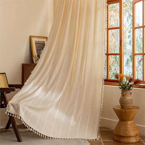 "Sutuo Home Champagne Boho Curtains for Bedroom, Semi Blackout Linen Farmhouse Shabby Chic Tassels Window Treatment Bohemian Embroidery Drape for House Decor, Rod Pocket 1 Panel 52"" W x 84"" L"