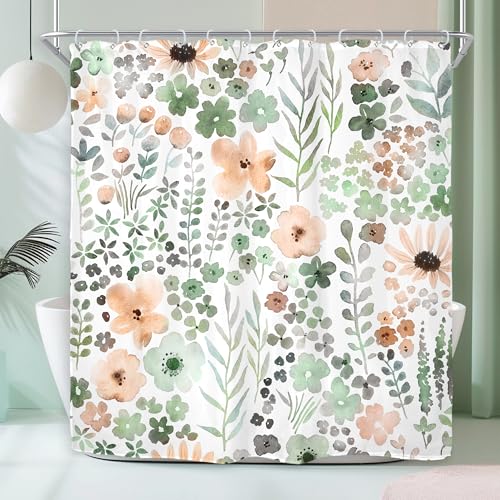 "Green Gray Floral Colorful Cute Wildflower Boho Bathroom Shower Curtain Set - 72""W x 72""H Watercolor Funky waterproof HD print, quick-dry fabric with 12 hooks for easy hanging."