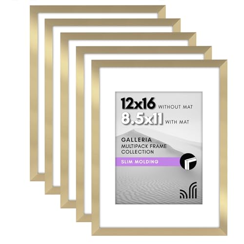 Americanflat 12x16 Picture Frame With Polished Plexiglass - Set of 5 - Use as 8.5x11 With Mat or 12x16 Without Mat - Galleria Collection - Gallery Wall Set for Wall Display - Gold