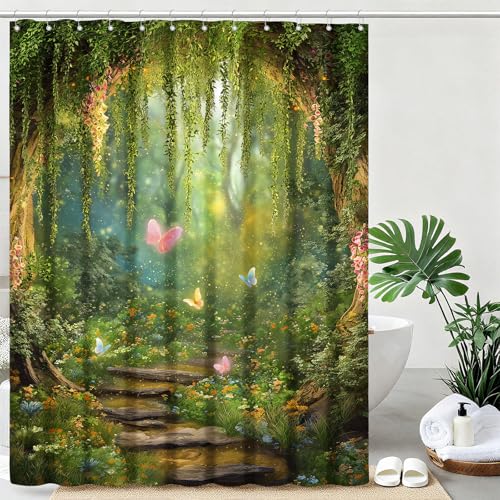 mutakin Green Tree Shower Curtain Butterflies Shower Curtains for Bathroom Waterproof Fabric Bath Curtain Decor with Hooks