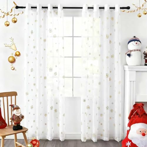 youleyar Snowflake Christmas Sheer Curtains, Luxury Gold Foil Print Voile Sheer Curtains, Metallic Bronzing Treatment Pair for Holiday Window Decoration, Living Room, 2 Panels White 52x72 inch