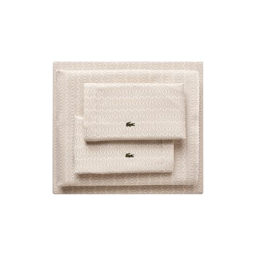 Lacoste Racquets 100% Percale Cotton 4-Piece Sheet – Cool, Crisp, Matte, and Durable, Oeko-Tex Certified – Print, Pumice, Queen