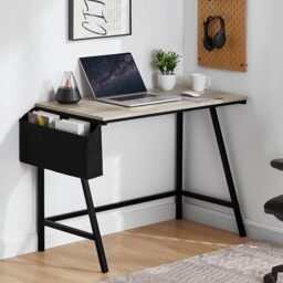 Vida Designs Brooklyn Small Computer Desk - Grey - 75H x 112W x 50D cm - with Storage Basket - Space-Saving - Easy-Assembly - Metal Frame - Modern Writing Table for Home, Office, Study