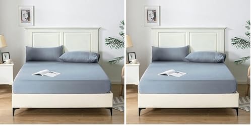 Good Nite Single Fitted Sheet Bed Sheets 25CM Extra Deep Pocket Soft and Breathable Fitted Bedding Sheets (Blue Gray, Single) (Pack of 2)