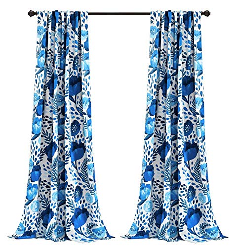 "Lush Decor x 52"", Blue Poppy Garden Curtains Room Darkening Window Set for Living, Dining, Bedroom, 84 in L Panel Pair"