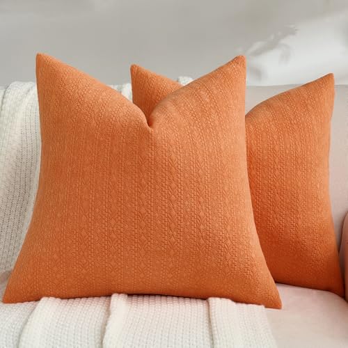 FUTEI Orange Chenille Throw Pillow Covers 18x18 Inch Set of 2,Luxuriously Soft Argyle Textured Cushion Cases,Modern Home Decor for Couch Living Room