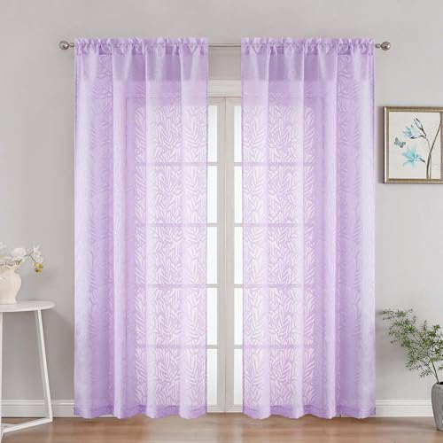 OVZME Extra Wide Sheer Curtains 84 Inches Long 2 Panels, Elegant Leaf Clip Jacquard Light Filtering Sheer Curtains, Dual Rod Pocket Textured Drapes for Living Room, Lavender, 2x52Wx84L Inches
