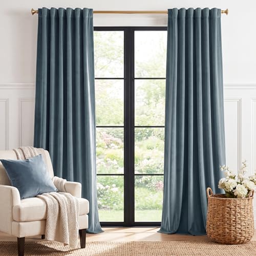 StangH Back Tab Stone Blue Velvet Curtains 132 inches Long High Ceiling Tall Curtains Thermal Insulated Window Door Drapes for Living Dining Room Office, W52 x L132, 2 Panels