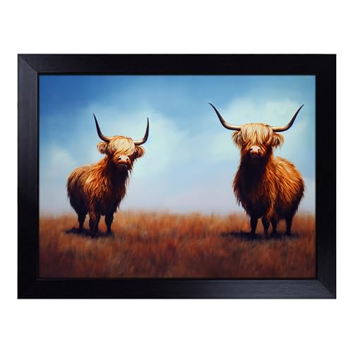 Lap Tray with Bean Bag Cushion, Two Highland Cows - Handmade in the UK, Raised Wooden Edge, Padded Cushion, Heat-Resistant Wipe-Clean Surface, for Meals, Laptops and Crafts