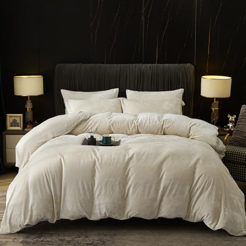 "PHF Truly Velvet Duvet Cover Set California King Size, 3pcs Ultra Soft Breathable Comforter Cover Set, Luxury Cozy Flannel Duvet Cover with Pillow Shams Bedding Collection, 104"" x 98"", Sand"