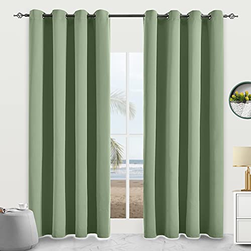 JSFLY Blackout Curtains for Bedroom 2 Panels 52 W x 63 L Long Greyish Green - Thermal Insulated Light Blocking Room Darkening Curtains Solid Grommet Window Drapes for Living room