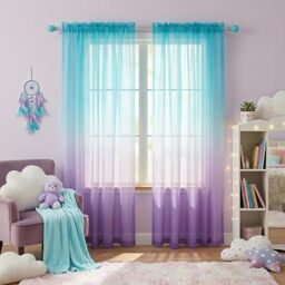 KOUFALL Purple Curtains for Bedroom Girls Room Decor,Mermaid Ombre Sheer Kids Curtains for Nursery Baby,2 Panel Set,Light Lavender and Teal Aqua,84 Inches Long