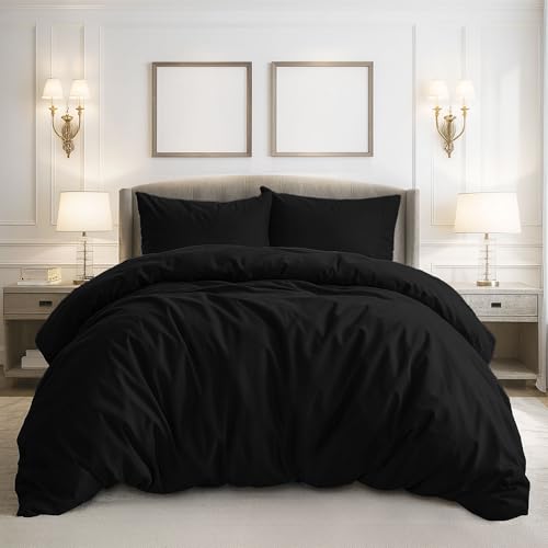 Pure Bedding Duvet Cover Queen Size - 3 Pieces Extra Soft Bedding Set, Includes 1 Duvet Cover 90x90 Inches with Zipper Closure & 2 Pillow Shams, Comforter Not Included, Black