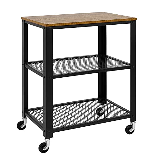 Mondeer 3 Tier Kitchen Trolley, Serving Rolling Cart on Wheels with Storage Shelves for Kitchen Dining Room Living Room, 60 x 40 x 77 cm, Rustic Brown and Black