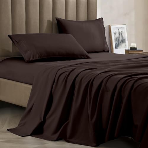 CELINE LINEN Best, Softest, Coziest Bed Sheets Ever! 1800 Thread Count Egyptian Quality Wrinkle-Resistant 4-Piece Sheet Set with Deep Pockets, California King, Chocolate Brown
