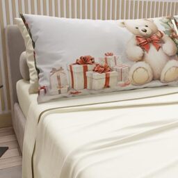 PETTI Italian Artisans - Cotton Sheets with Christmas Digital Print Pillowcases, French Queen Size Christmas Sheets, Christmas Bed Set, Teddy Bear 01 Cream, 100% Made in Italy