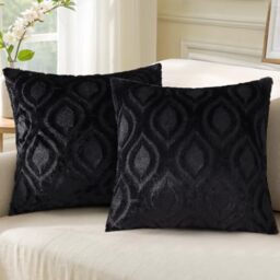 decorUhome Set of 2 Faux Fur Cushion Covers 45x45 cm, Decorative Soft Plush Fluffy Velvet Cushion Cover 18X18 Inch,Square Boho Neutral Pillow case for Sofa, Black
