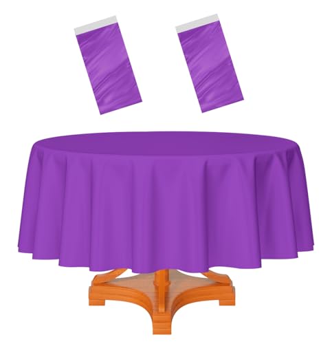 HEIPINIUYE 2 Pack Purple Tablecloth Round 84 Inch Round Plastic Table Cloth Waterproof Disposable Round Table Cover for Party Birthday Camping Picnic Baby Shower Circle Tablecloth