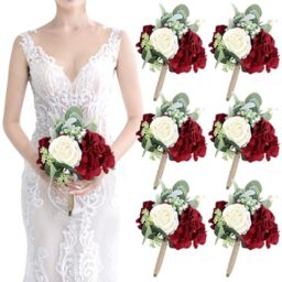 Artificial Flowers Bridesmaids Bouquet - Set of 6 Bridesmaid Bouquets 7 Inch Burgundy and White Handmade Silk Rose for Wedding,Bridal Shower, Anniversary, Marriage Proposal, Table Centerpieces Decor
