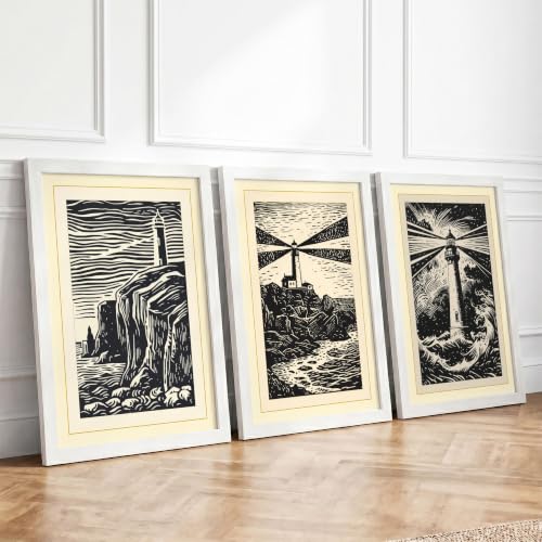 Solitary Lighthouses Coastal Set of 3 Framed Wall Art Prints A4