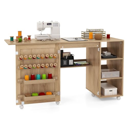 CASART Folding Sewing Table, Rolling Sewing Machine Cart Table - Craft Desk Sewing Station with Rattan Door, Storage Shelves, 18 Pegs, Bins, 6 Wheels, Drop Leaf Table for Home Office