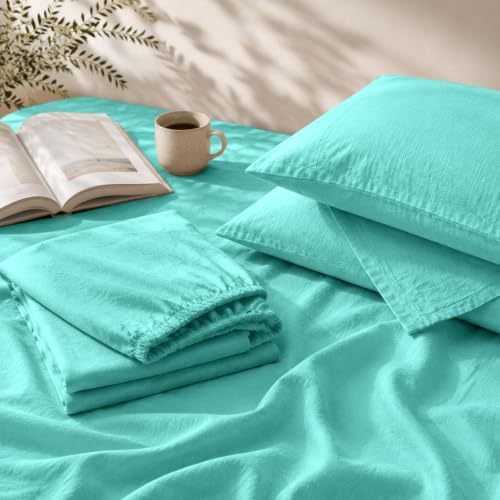 "MEISHANG 100% French Pure Linen Sheets King Size - Bed Sheets 4 Piece Sets, Soft Durable Flax Linen, Anti-Tear Breathable Moisture Wicking with 16"" Deep Pocket (Light Blue)"