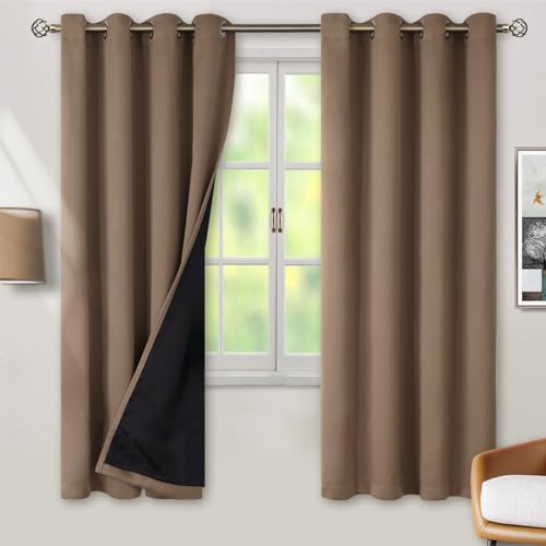 BGment Thermal Insulated 100% Blackout Curtains for Bedroom with Black Liner, Double Layer Full Room Darkening Noise Reducing Grommet Curtain (52 x 72 Inch, Cappuccino, 2 Panels)