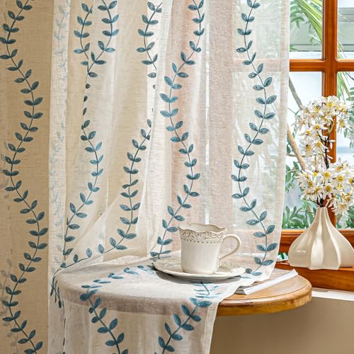 AmHoo 2 Panels Linen Leaf String Floral Embroidered Semi Sheer Curtain Farmhouse Voile Curtains for Living Room Bedroom Window Treatment Teal 52 x 63 Inch