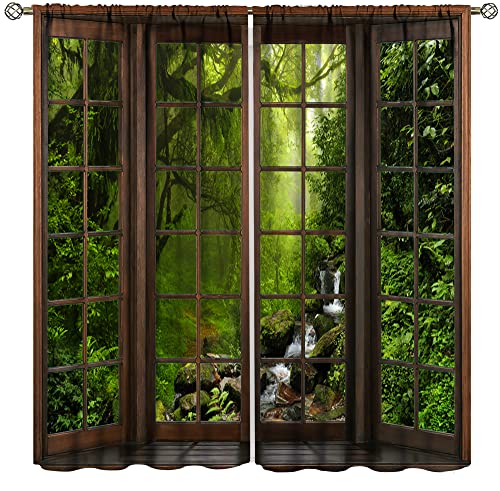 Nature View Curtains, Window Outside Beautiful Forest River Pattern Print, Bedroom Living Room Blackout Insulated Curtains 2 Panel Set, 42x45 Inch