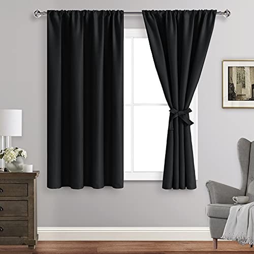 JIUZHEN Blackout Curtains for Bedroom??? Thermal Insulated,Noise Reducing Room Darkening Privacy Rod Pocket Drapes for Living Room, Set of 2 Panels with Tiebacks, 42 x 54 inch Long, Black