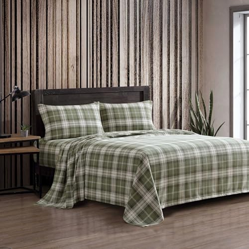 Eddie Bauer - Queen Bed Sheets, Cotton Flannel Bedding Set with Matching Pillowcases, Brushed for Extra Softness, Deep Pocket, Oeko-Tex Certified (Heartland Plaid Green)