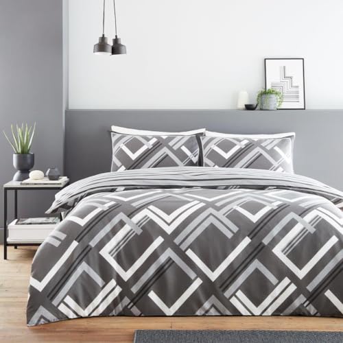 GC GAVENO CAVAILIA Single Duvet Cover Sets (150x200 cm) - Reversible Bedding & Linen Geometric Quilt Covers - Polycotton Single Bedding Sets - Washable Linen - Charcoal