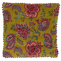 "Riva Paoletti Malisa Square Cushion Cover - Lemon Curry Yellow - Paisley Indian Print - Faux Velvet Fabric - Pink Pompom Edges - Machine Washable - 100% Cotton - 50 x 50cm (20"" x 20"" inches)"