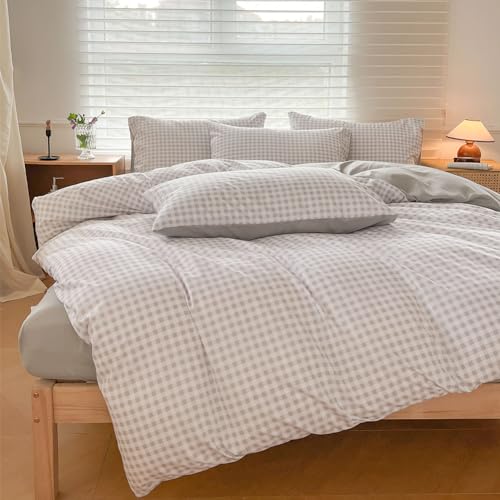 NSNLGSGC Light Gray Gingham Duvet Cover Set, King - Grid Simple Geometric Square Pattern, Soft Plaid, Washed Microfiber, 3PCS
