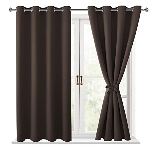Hiasan Blackout Curtains for Bedroom - Thermal Insulated & Light Blocking Window Curtains for Living Room/Kids Room, 2 Drape Panels Sewn with Tiebacks, Brown, 52 x 45 Inch