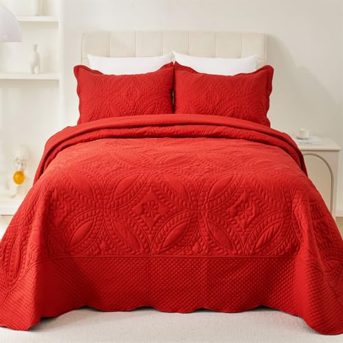 "Cmfshape Oversize King Bedspread 120""x120"",3 Piece California King Quilt Set,Lightweight Red Bedding Quilt Set for All Season,Modern Geometric Pattern Bed Set"