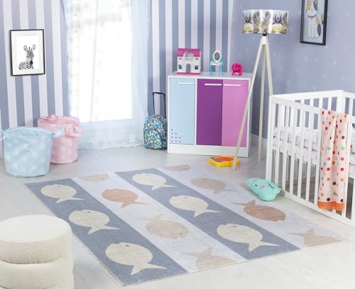 Livabliss Aquafiesta Fish Kids Washable Floor Covering 120x170 cm – Fun Animal Design for Bedroom, Nursery & Playroom, Machine Washable, Cream, Black & Beige
