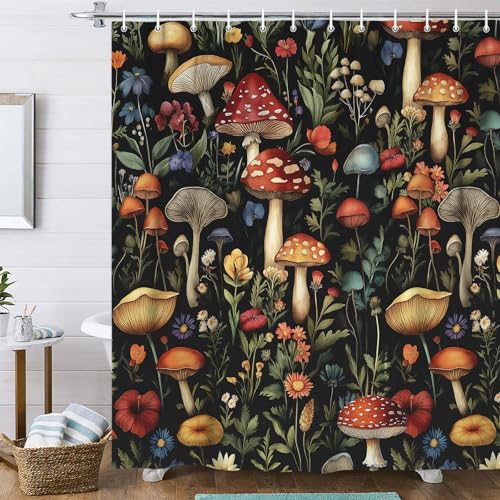 Uokiuki Boho Mushroom Floral Shower Curtain, Dark Vintage Plant Flowers Botanical Witchy Shower Curtain Set, Fabric Rustic Farmhouse Wildflower Chic Aesthetic Shower Curtain with 12PCS Hooks, 70X70IN