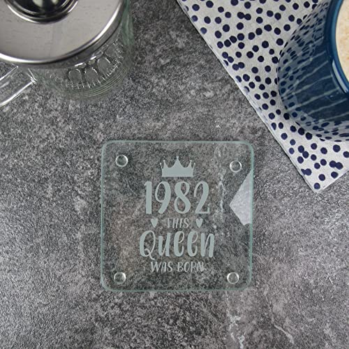eBuyGB Engraved Square Glass Coaster -1983 This Queen was Born Design - 30th Birthday Gifts for Women, Her - Thirtieth Birthday Gift for Mum, Sister, Auntie, Friend - Drinks Mat, Placemat