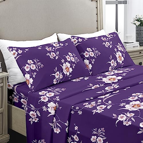 YIYEA Full Sheet Set, Luxury 1800TC Hotel Quality Double Brushed Floral Microfiber Bedsheets for Full Size Bed, Extra Soft, Deep Pocket, Shrinkage and Fade Resistant, 4PC (Full)