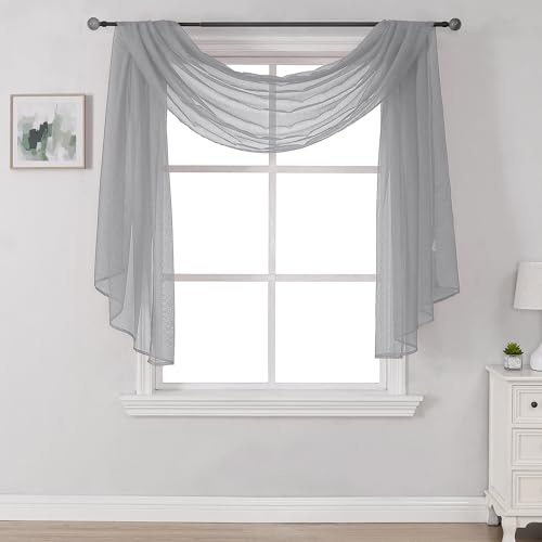 DONREN 144 Inches Long Window Scarf Valances for Party - Luxury Soft Gray Semi Sheer Curtain Scarf for Window,1 Panel (Gray,1 Panel)