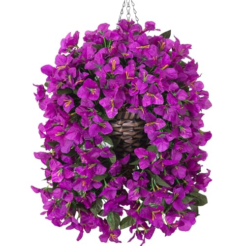 Ivydale Bougainvillea Artificial Flowers Hanging Basket for Outdoors Spring Decoration, 3pcs Silk Flowers Fake Plants Long Vines Look Real UV Resistant for Yard Porch Patio Home, Fuchsia
