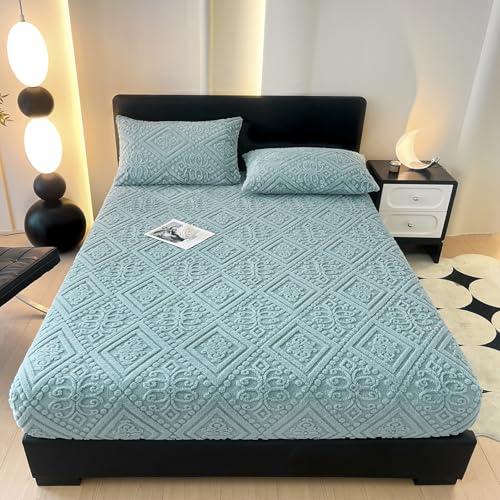 ZIQINPSQ Taffeta Velvet Jacquard Twin XL Fitted Sheet - Luxury Bedding - Ultra-Soft, Quick-Heat, Anti-Static, 360?? Mattress Protector, Teal Blue, No Pillowcases
